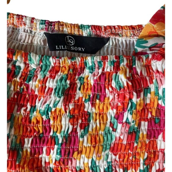 Lillusory Tiered Floral Dress Smocking Sweet Feminine Boho Flowy Coral Pink S - Picture 11 of 12